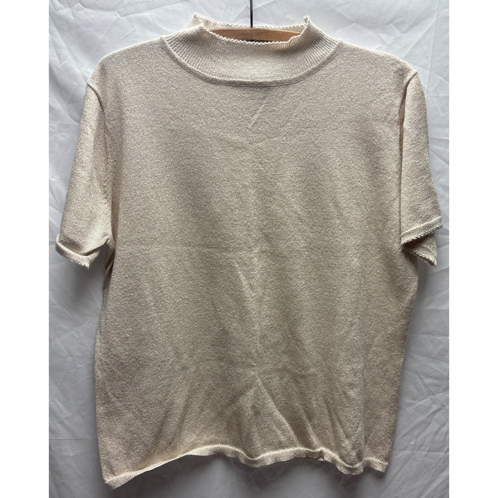 Sag Harbor Size Large Gold Metallic Shimmer Knit Mock Neck Short Sleeve Top